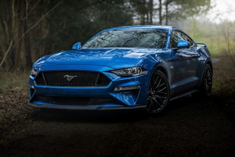 a blue car parked in a wooded area